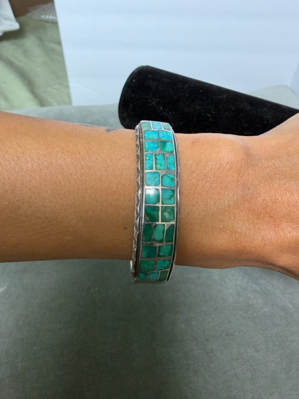 Turquoise Inlay Sterling Silver Bangle - Women's Jewelry - Picture 11 of 11